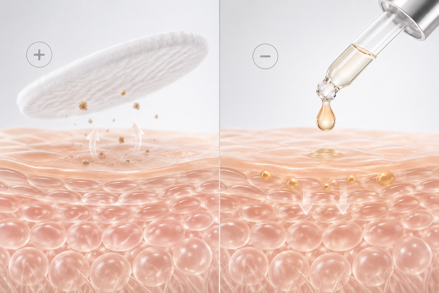 Ilustración conceptual: residuos hacia el algodón y cuidado facial sobre la piel