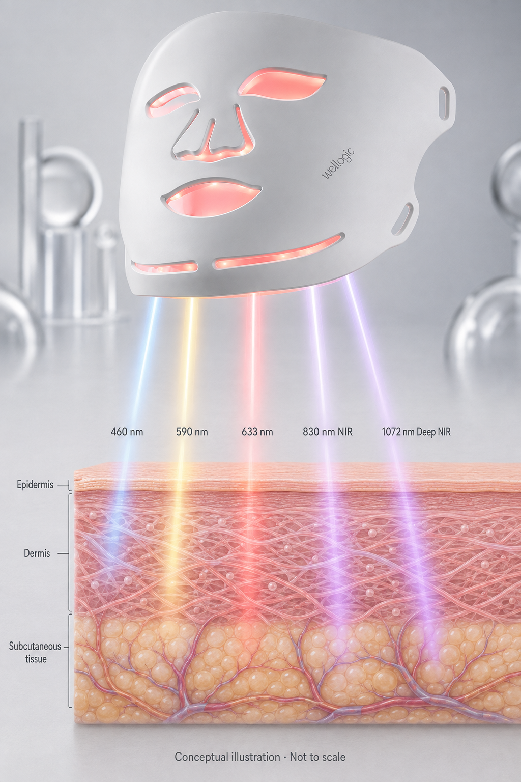 Conceptual illustration of GlowEdit mask light reaching a skin cross-section