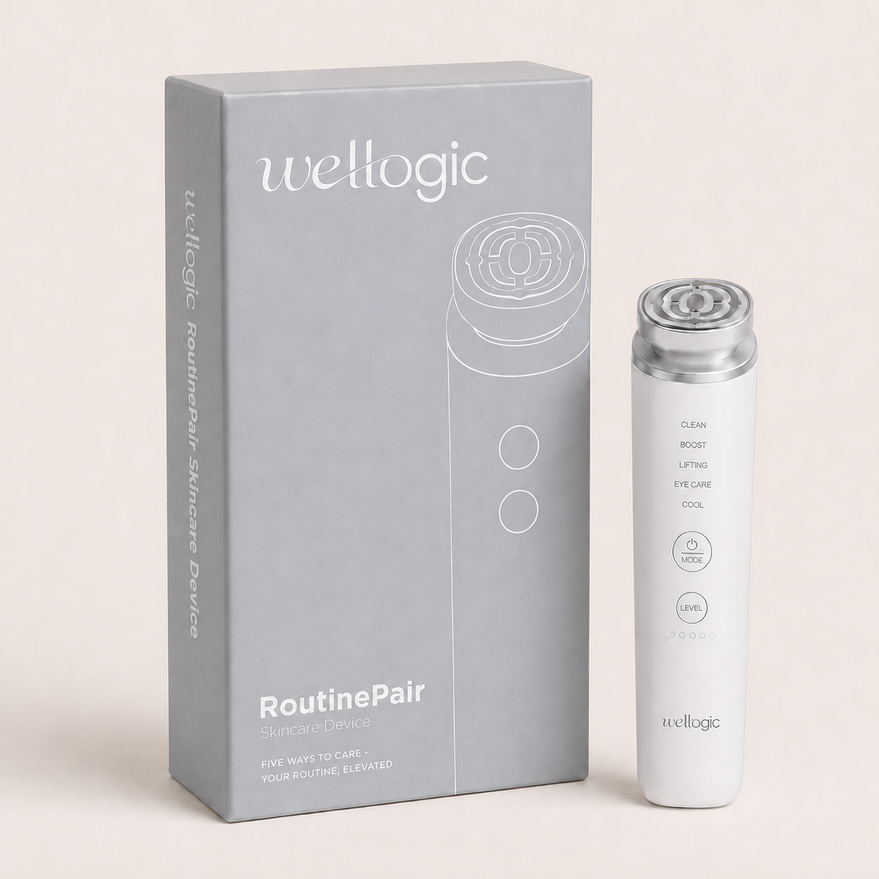 Dispositivo Wellogic RoutinePair junto a su empaque gris plateado.