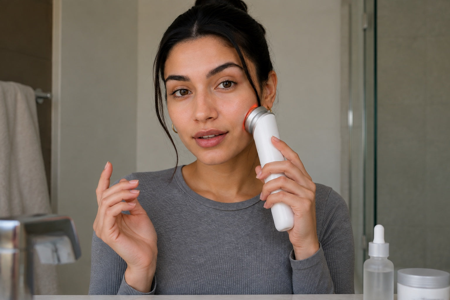 Elena usa M4 frente a la cámara, junto al lavabo y sus productos de cuidado facial.