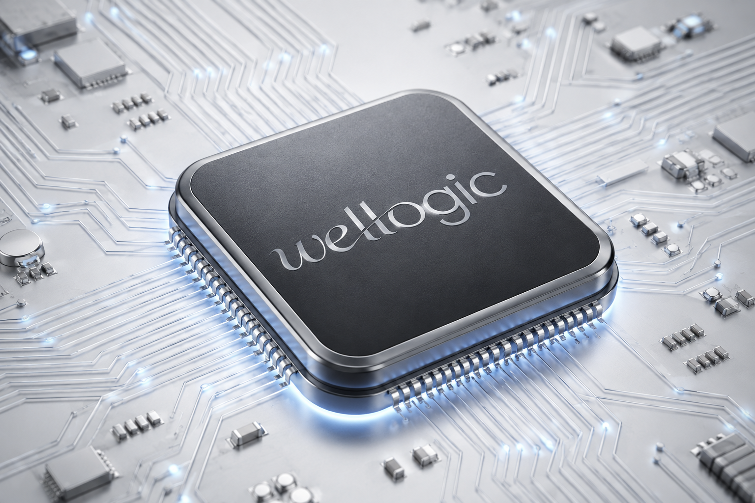Ilustración del chip de control Wellogic conectado a una placa de circuitos plateada.