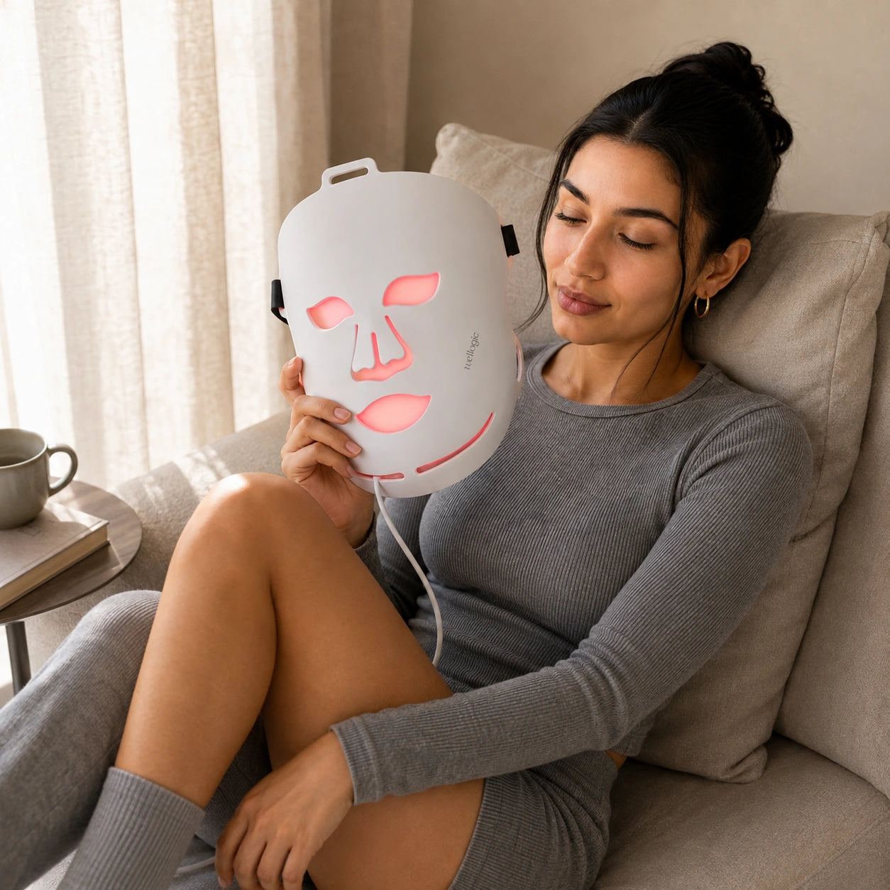 Elena descansando en un sofá con su máscara GlowEdit, té y un libro.