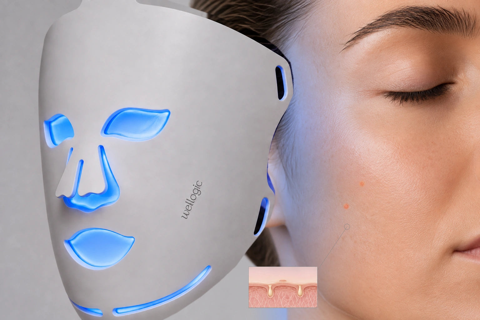 Máscara GlowEdit con luz azul junto a la piel, con una pequeña ilustración conceptual de imperfecciones y poros obstruidos.