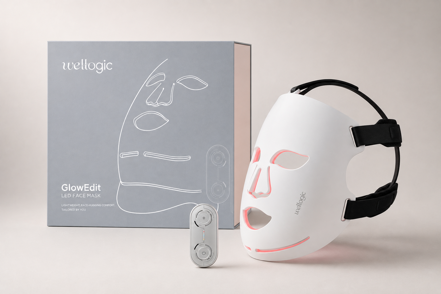 Wellogic GlowEdit mask, controller and branded packaging
